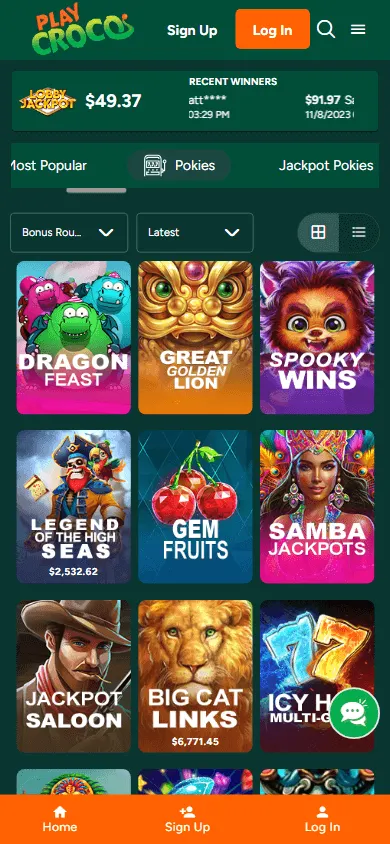 Croco Casino games lobby on a mobile device