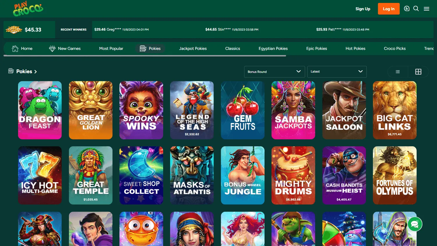 Croco Casino games lobby on desktop