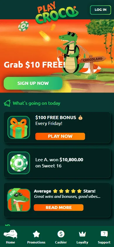 Croco Casino home lobby on a mobile device