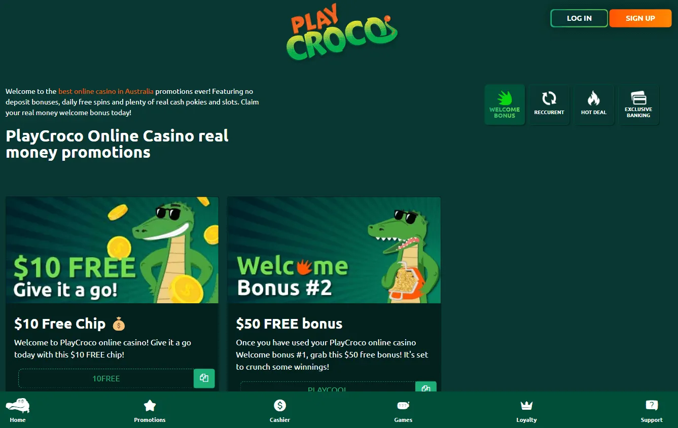 Croco Casino promotions area on desktop