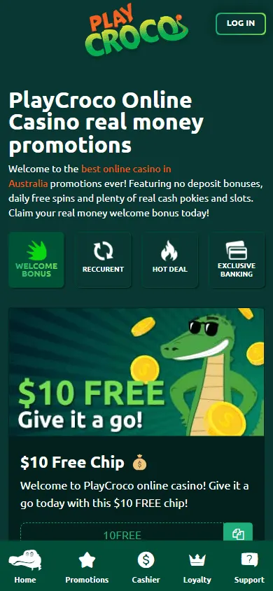 Croco Casino promotions area on a mobile device